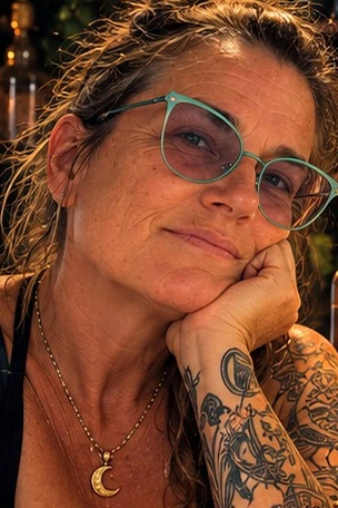 Billy Davis, wearing turquoise glasses, resting her chin on her hand